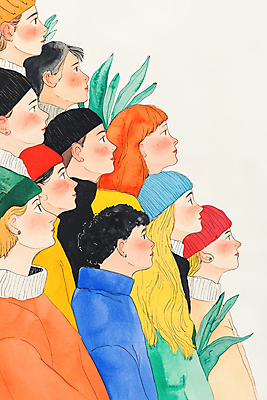 JPG 응시 여자 남자 포스터 일러스트 나뭇잎 함께함 여러명 성인 컬러풀 희망 올려보기 비니 성인만 국내일러스트 AI일러스트 AI콘텐츠 모자_잡화 시선 감정 컬러 다수 컨셉 잎 모션 사람 파일형식