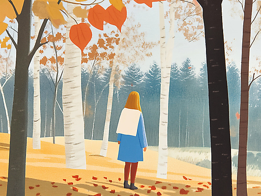 JPG 전신 여자 단풍 낙엽 일러스트 한명 성인 산책 가을 숲 자작나무 성인여자한명만 국내일러스트 AI일러스트 AI콘텐츠 나무 1 계절 잎 휴식 사람 여자한명만 성인여자만 파일형식