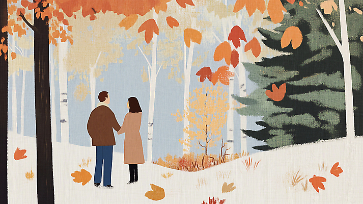 JPG 전신 커플 여자 남자 단풍 낙엽 일러스트 성인 두명 손잡기 산책 가을 숲 자작나무 성인만 국내일러스트 AI일러스트 AI콘텐츠 나무 계절 잎 관계 모션 휴식 사람 파일형식