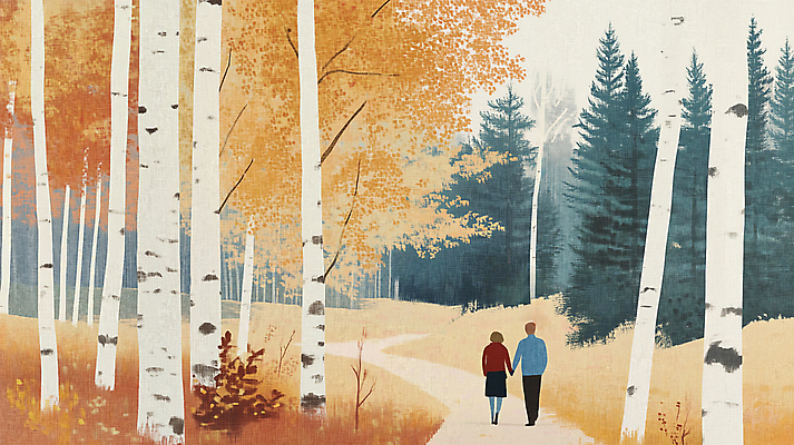 JPG 전신 커플 여자 남자 길 단풍 낙엽 일러스트 성인 두명 산책 가을 숲 자작나무 성인만 국내일러스트 AI일러스트 AI콘텐츠 나무 계절 잎 관계 휴식 사람 파일형식