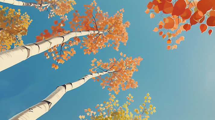 JPG 로우앵글 단풍 낙엽 일러스트 하늘 사람없음 가을 숲 자작나무 국내일러스트 AI일러스트 AI콘텐츠 나무 계절 뷰포인트 잎 파일형식