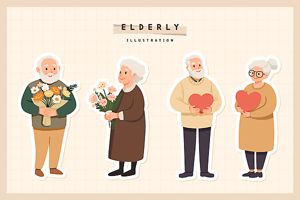 전신 여자 할아버지 노년 남자 꽃 안경 할머니 꽃다발 스티커 일러스트 들기 여러명 하트 실버 노인의날 노인만 안경낌 국내일러스트 AI파일 모양 식물 잡화 다수 모션 사람 성인 성인만 파일형식 벡터 법정기념일