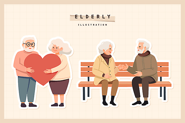 전신 여자 할아버지 노년 남자 안경 할머니 스티커 벤치 일러스트 안기 대화 들기 앉기 여러명 마주보기 손잡기 하트 실버 노인의날 노인만 국내일러스트 AI파일 모양 잡화 다수 의자 모션 말하기 사람 성인 성인만 파일형식 벡터 법정기념일