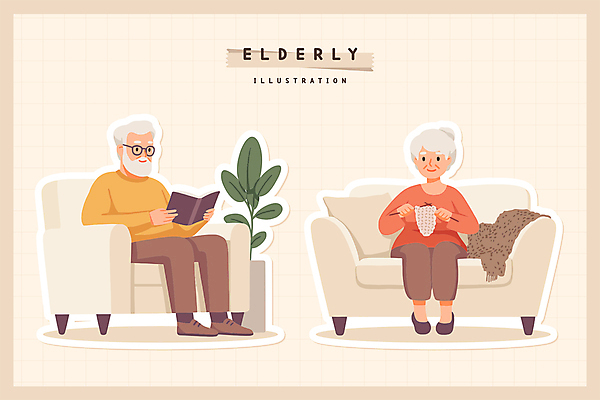 전신 여자 할아버지 노년 남자 화분 안경 할머니 쿠션 스티커 잎 일러스트 베개 나뭇잎 들기 앉기 두명 책 소파 독서 뜨개질 털실 실버 담요 노인의날 대바늘 노인만 국내일러스트 AI파일 식물 잡화 의자 침구 모션 사람 성인 취미 실 성인만 파일형식 벡터 법정기념일