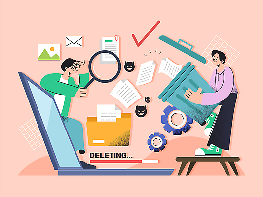 전신 남자 일러스트 돋보기 성인 두명 노트북 디지털 쓰레기통 이메일 보호 쓰레기 버리기 파일 보안 삭제 개인정보 스팸 스팸메일 성인남자만 국내일러스트 개인정보보호의날 AI파일 컨셉 모션 안전 사람 전자제품 정보 남자만 성인만 파일형식 벡터 법정기념일