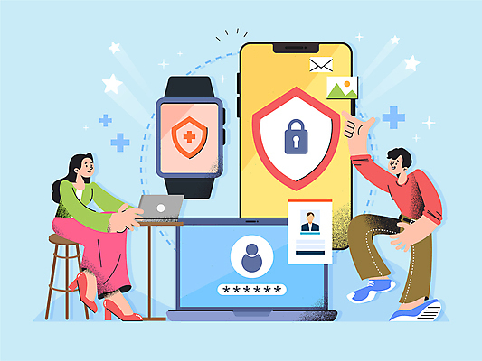 전신 여자 남자 일러스트 성인 두명 노트북 스마트폰 디지털 보호 보안 개인정보 스마트워치 성인만 국내일러스트 개인정보보호의날 AI파일 컨셉 안전 사람 전자제품 핸드폰 스마트기기 정보 웨어러블 파일형식 벡터 법정기념일