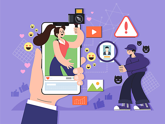 전신 손 여자 남자 일러스트 돋보기 성인 두명 신체부위 스마트폰 카메라 디지털 범죄 보호 수집 보안 개인정보 성인만 유튜버 국내일러스트 개인정보보호의날 AI파일 컨셉 안전 사람 전자제품 핸드폰 스마트기기 정보 파일형식 벡터 법정기념일 크리에이터