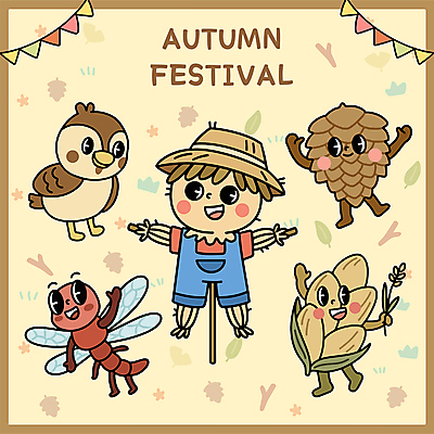 일러스트 사람없음 노란색 벼 가을 잠자리 허수아비 참새 솔방울 가랜드 가을축제 일러캐릭터 AI파일 캐릭터 계절 컬러 곤충 농업 조류 곡류 축제 파티용품 파일형식 벡터 가을_계절