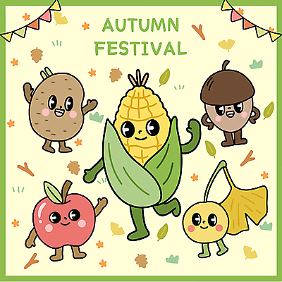 일러스트 감자 옥수수 사람없음 연두색 가을 사과 도토리 가랜드 제철 은행열매 가을축제 일러캐릭터 AI파일 캐릭터 계절 열매 채소 과일 곡류 초록색 축제 견과류 파티용품 파일형식 벡터 가을_계절