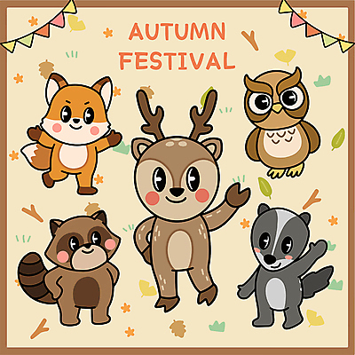 일러스트 사슴 사람없음 갈색 가을 여우 너구리 올빼미 가랜드 오소리 가을축제 일러캐릭터 AI파일 캐릭터 계절 컬러 포유류 조류 축제 파티용품 파일형식 벡터 가을_계절