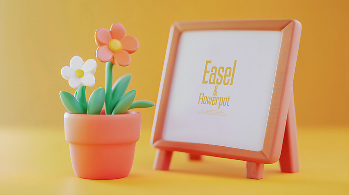 PSD 편집이미지 꽃 화분 화초 사람없음 노란색 스케치북 이젤 전광판 목업 편집3D 식물 컬러 학용품 3D 미술도구 파일형식