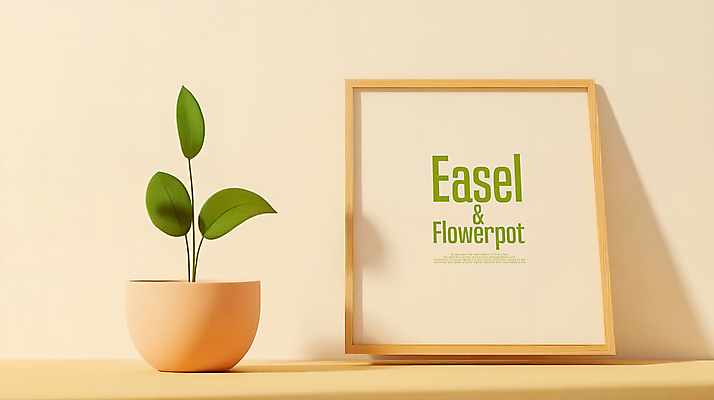 PSD 편집이미지 화분 화초 사람없음 스케치북 이젤 전광판 베이지색 목업 편집3D 식물 컬러 학용품 3D 미술도구 파일형식