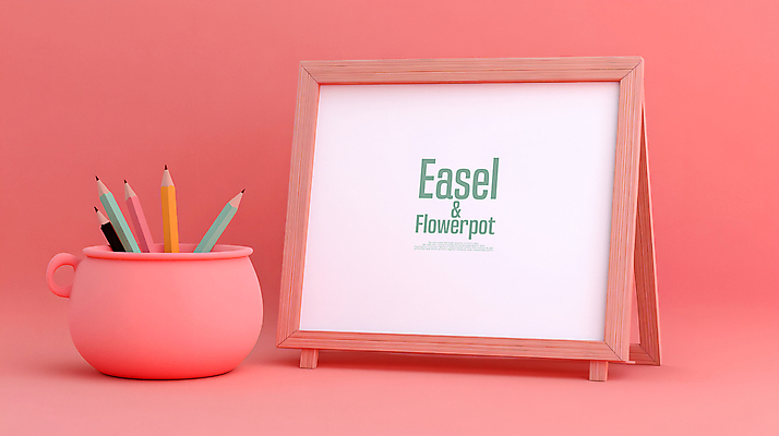 PSD 편집이미지 분홍색 사람없음 연필 스케치북 이젤 연필꽂이 전광판 목업 편집3D 컬러 문구용품 학용품 필기구 3D 미술도구 파일형식