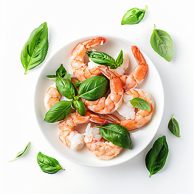 JPG 편집이미지 접시 음식 새우 요리 사람없음 주황색 샐러드 해산물 바질 편집실사 AI포토 AI콘텐츠 식기 컬러 갑각류 CG 파일형식