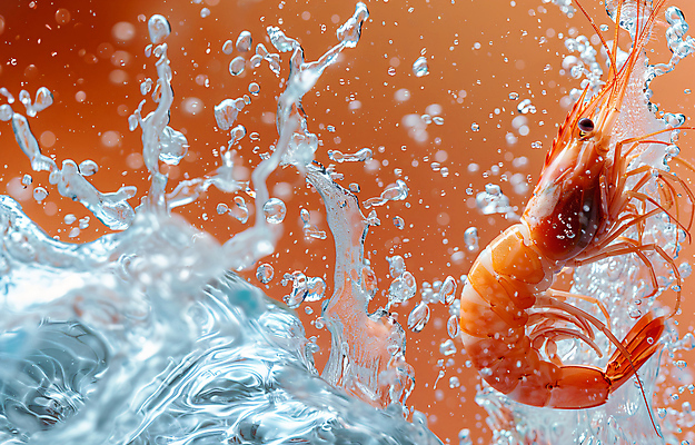 JPG 편집이미지 새우 사람없음 주황색 물방울 해산물 스플래쉬 편집실사 AI포토 AI콘텐츠 컬러 갑각류 CG 파일형식