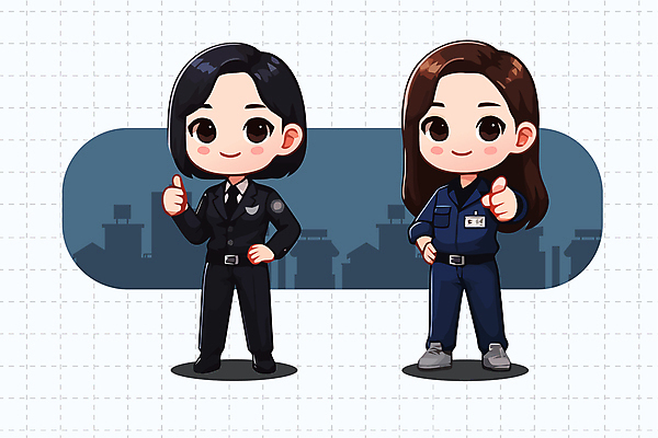 전신 캐릭터 여자 허리손 유니폼 일러스트 서기 성인 두명 건물 가리킴 경찰 따봉 성인여자만 일러캐릭터 AI파일 직업 건축물 옷 포즈 모션 사람 손짓 최고 여자만 성인만 파일형식 벡터