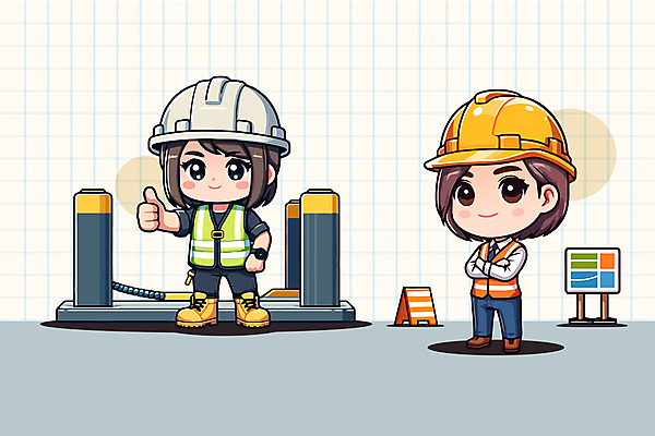 캐릭터 여자 유니폼 일러스트 알림판 공사 서기 성인 두명 팔짱 건설현장 안전모 안전조끼 성인여자만 일러캐릭터 AI파일 옷 모션 건설업 사람 헬멧 안전장비 여자만 성인만 파일형식 벡터