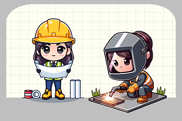 캐릭터 여자 유니폼 일러스트 공사 서기 들기 성인 두명 건설현장 설계도 안전모 안전조끼 용접 용접공 용접마스크 성인여자만 일러캐릭터 AI파일 직업 옷 모션 건설업 마스크 사람 헬멧 안전장비 여자만 성인만 파일형식 벡터