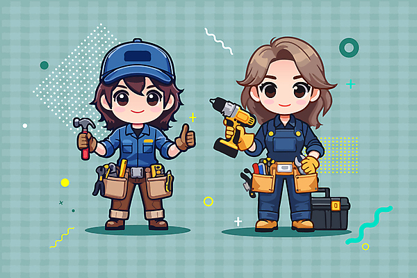 전신 캐릭터 여자 허리손 유니폼 일러스트 서기 들기 성인 두명 드라이버 망치 따봉 성인여자만 일러캐릭터 AI파일 옷 포즈 모션 사람 공구 최고 여자만 성인만 파일형식 벡터