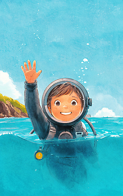 JPG 어린이 바다 하늘색 일러스트 자연 한명 수중 탐험 인사 다이빙 산소통 해녀 스쿠버다이버 해녀복장 국내일러스트 AI일러스트 AI콘텐츠 직업 1 옷 통 사람 파란색 수영 예절 생태계 스쿠버다이빙 수중스포츠 파일형식