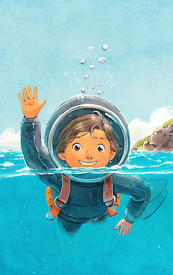 JPG 어린이 바다 하늘색 일러스트 자연 한명 수중 탐험 인사 다이빙 산소통 해녀 스쿠버다이버 해녀복장 국내일러스트 AI일러스트 AI콘텐츠 직업 1 옷 통 사람 파란색 수영 예절 생태계 스쿠버다이빙 수중스포츠 파일형식