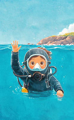 JPG 어린이 바다 하늘색 일러스트 자연 한명 수중 탐험 인사 다이빙 산소통 해녀 스쿠버다이버 해녀복장 국내일러스트 AI일러스트 AI콘텐츠 직업 1 옷 통 사람 파란색 수영 예절 생태계 스쿠버다이빙 수중스포츠 파일형식