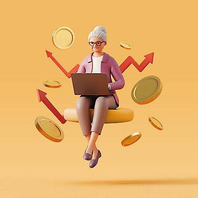 전신 PSD 편집이미지 여자 노년 화살표 할머니 그래프 한명 들기 앉기 공중 금융 노트북 노란색 3D 동전 성장 떠있는 투자 상승 노인여자한명만 편집3D 1 컬러 컨셉 돈 비즈니스 모션 사람 성인 경제 전자제품 디지털합성 여자한명만 노인여자만 파일형식
