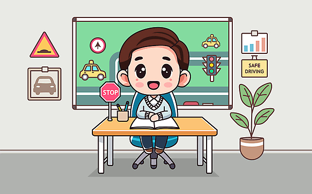 전신 교육 남자 화분 화초 일러스트 자동차 한명 미소 성인 연두색 교사 칠판 표지판 신호등 책상 안전운전 성인남자한명만 운전학원 국내일러스트 AI파일 식물 직업 1 육상교통 가구 알림판 표정 사람 초록색 교통안전 학원 남자한명만 성인남자만 파일형식 벡터