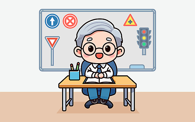 전신 교육 할아버지 노년 남자 일러스트 자동차 한명 미소 교사 칠판 회색 표지판 신호등 책상 안전운전 노인남자한명만 운전학원 국내일러스트 AI파일 직업 1 육상교통 컬러 가구 알림판 표정 사람 성인 교통안전 학원 남자한명만 노인남자만 파일형식 벡터