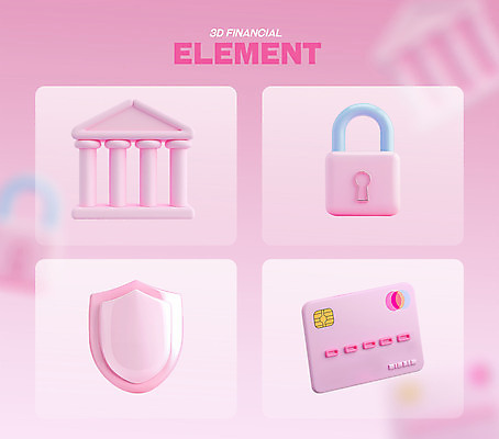 PSD 편집이미지 분홍색 자물쇠 안전 사람없음 금융 세트 3D 신용카드 보호 은행 보안 방패 엘리먼트 편집3D 컬러 컨셉 경제 디지털합성 파일형식