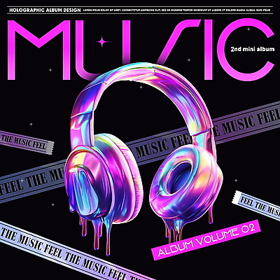 PSD 편집이미지 디자인 음악 타이포그라피 사람없음 그래픽 컬러풀 헤드셋 앨범 레이아웃 광택 홀로그램 편집소스 키치 이미지편집 문자 컬러 음향기기 컨셉 문화예술 헤드폰 파일형식