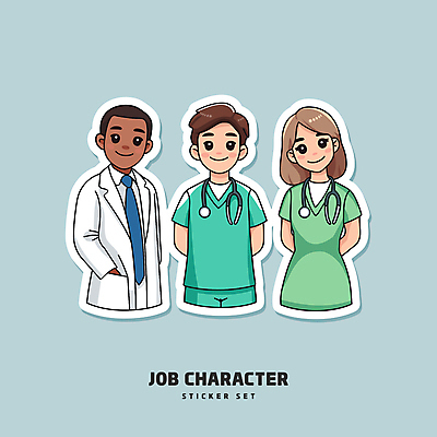 여자 남자 하늘색 스티커 일러스트 청진기 직업캐릭터 웃음 성인 세명 세트 간호사 의사 뒷짐 주머니손 성인만 일러캐릭터 AI파일 직업 캐릭터 의료기기 모션 표정 사람 파란색 의료진 파일형식 벡터