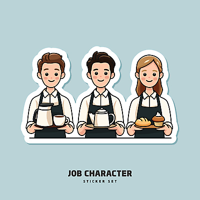 여자 남자 커피 하늘색 스티커 일러스트 주전자 디저트 직업캐릭터 웃음 성인 세명 세트 앞치마 카페 빵집 바리스타 성인만 일러캐릭터 AI파일 직업 캐릭터 음료 음식 주방용품 표정 사람 파란색 상점 파일형식 벡터