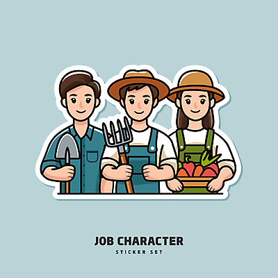 모자 여자 남자 하늘색 스티커 일러스트 직업캐릭터 웃음 성인 세명 세트 농사 농부 농기구 삽 갈퀴 성인만 일러캐릭터 AI파일 직업 캐릭터 잡화 농업 표정 사람 파란색 파일형식 벡터
