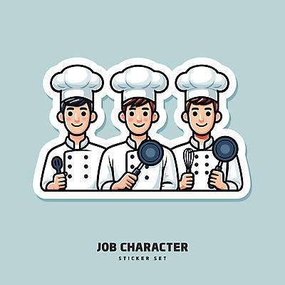 남자 하늘색 스티커 일러스트 직업캐릭터 웃음 성인 세명 세트 요리사 프라이팬 거품기 성인남자만 일러캐릭터 AI파일 직업 캐릭터 주방용품 표정 사람 파란색 남자만 성인만 파일형식 벡터