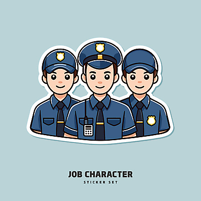 남자 하늘색 스티커 일러스트 직업캐릭터 웃음 안전 성인 세명 세트 경찰 배지 무전기 성인남자만 일러캐릭터 AI파일 직업 캐릭터 무선통신 표정 사람 파란색 남자만 성인만 파일형식 벡터