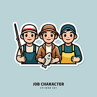 남자 하늘색 스티커 일러스트 낚시 직업캐릭터 어류 어업 웃음 성인 세명 세트 어부 성인남자만 일러캐릭터 AI파일 직업 캐릭터 산업 레저 표정 사람 파란색 수중동물 남자만 성인만 파일형식 벡터