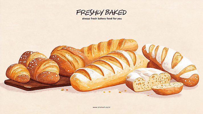 PSD 음식 조각 일러스트 단면 디저트 사람없음 빵집 분위기 바게트 제빵 나무도마 베이지색 국내일러스트 빵 컬러 컨셉 도마 목재 제과제빵 상점 파일형식