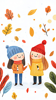 JPG 전신 모자 여자 행복 어린이 낙엽 일러스트 나뭇잎 소녀 두명 가을 붓 그림 드로잉 소녀만 국내일러스트 AI일러스트 AI콘텐츠 잡화 계절 감정 잎 미술 사람 여자만 어린이만 파일형식