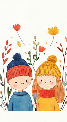 JPG 모자 여자 남자 행복 어린이 일러스트 나뭇잎 소녀 소년 두명 가을 붓 그림 드로잉 어린이만 국내일러스트 AI일러스트 AI콘텐츠 잡화 계절 감정 잎 미술 사람 파일형식