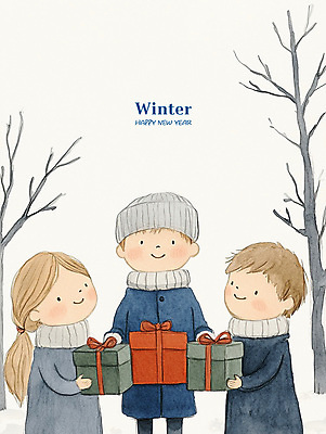 PSD 모자 여자 남자 행복 어린이 크리스마스 겨울 일러스트 동화 웃음 소녀 소년 세명 선물상자 기쁨 어린이만 국내일러스트 잡화 계절 기념일 감정 표정 선물 사람 상자 파일형식