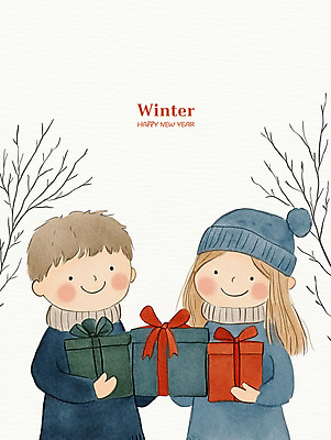 PSD 모자 여자 남자 행복 어린이 크리스마스 겨울 일러스트 동화 웃음 소녀 소년 세명 선물상자 기쁨 어린이만 국내일러스트 잡화 계절 기념일 감정 표정 선물 사람 상자 파일형식