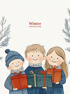 PSD 모자 여자 남자 행복 어린이 크리스마스 겨울 일러스트 동화 웃음 소녀 소년 세명 선물상자 기쁨 어린이만 국내일러스트 잡화 계절 기념일 감정 표정 선물 사람 상자 파일형식