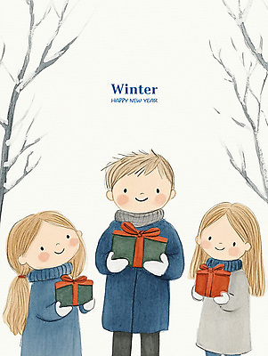 PSD 여자 남자 행복 어린이 크리스마스 겨울 일러스트 동화 웃음 소녀 소년 세명 선물상자 기쁨 어린이만 국내일러스트 계절 기념일 감정 표정 선물 사람 상자 파일형식