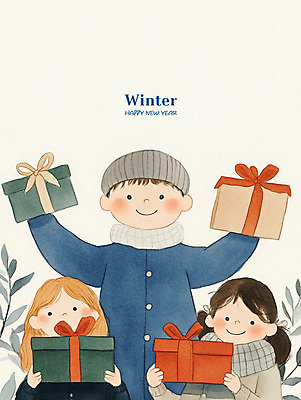 PSD 모자 여자 남자 행복 어린이 크리스마스 겨울 일러스트 동화 웃음 소녀 소년 세명 선물상자 기쁨 어린이만 국내일러스트 잡화 계절 기념일 감정 표정 선물 사람 상자 파일형식