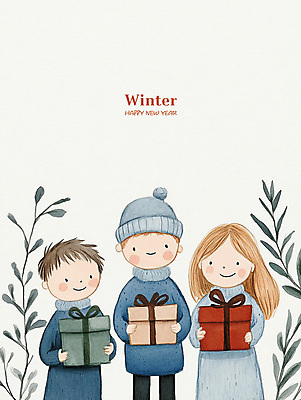 PSD 모자 여자 남자 행복 어린이 크리스마스 겨울 일러스트 동화 웃음 소녀 소년 세명 선물상자 기쁨 어린이만 국내일러스트 잡화 계절 기념일 감정 표정 선물 사람 상자 파일형식