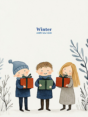 PSD 모자 여자 남자 행복 어린이 크리스마스 겨울 일러스트 동화 웃음 소녀 소년 세명 선물상자 기쁨 어린이만 국내일러스트 잡화 계절 기념일 감정 표정 선물 사람 상자 파일형식