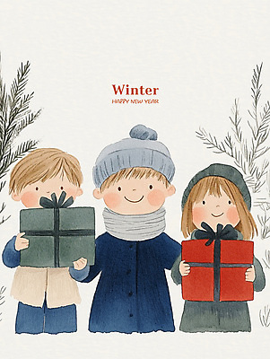 PSD 모자 여자 남자 행복 어린이 크리스마스 겨울 일러스트 동화 웃음 소녀 소년 세명 선물상자 기쁨 어린이만 국내일러스트 잡화 계절 기념일 감정 표정 선물 사람 상자 파일형식