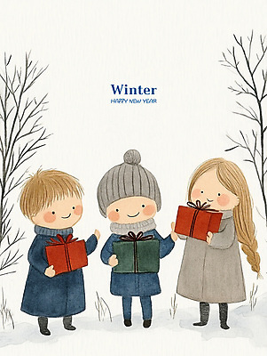 PSD 모자 여자 남자 행복 어린이 크리스마스 겨울 일러스트 동화 웃음 소녀 소년 세명 선물상자 기쁨 어린이만 국내일러스트 잡화 계절 기념일 감정 표정 선물 사람 상자 파일형식