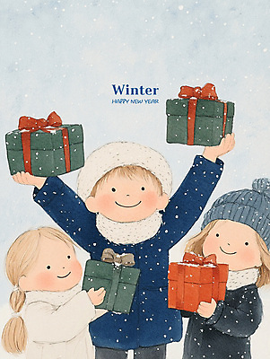 PSD 모자 여자 남자 행복 어린이 크리스마스 겨울 일러스트 동화 웃음 소녀 소년 세명 선물상자 기쁨 어린이만 국내일러스트 잡화 계절 기념일 감정 표정 선물 사람 상자 파일형식